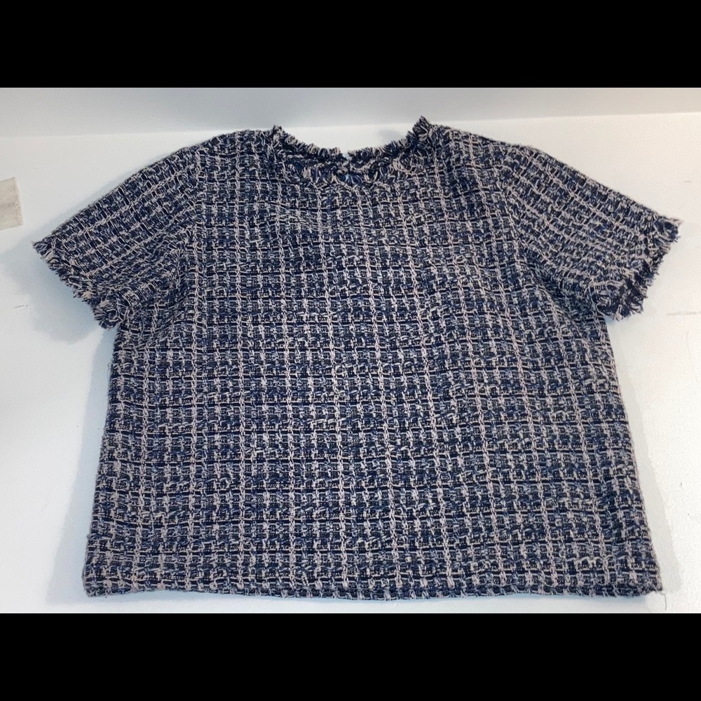 Navy, black and white tweed blouse.